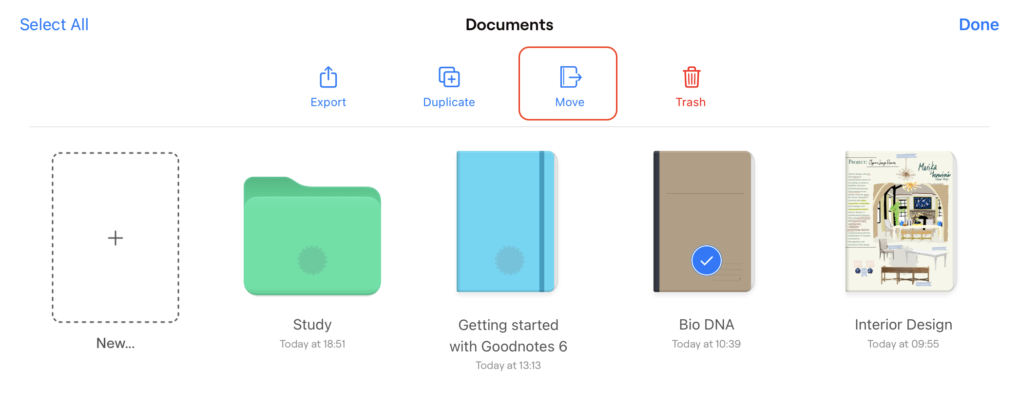 Moving documents and/or folders to another folder in Goodnotes 6